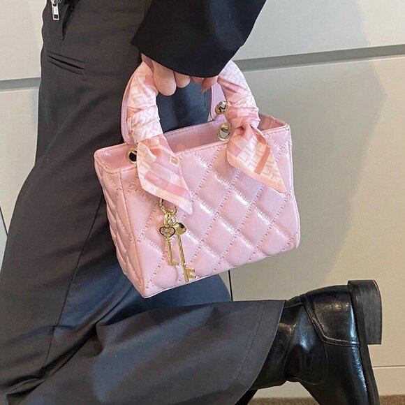 Pink Vintage Women's Diamond Grid Crossbody Handbag - Picture 4 of 10